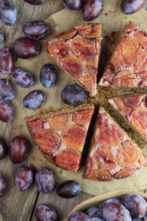 Buckwheat plum cake when turned upside down and slices into delicious servings.